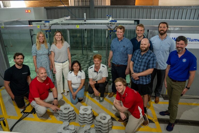 Pictured at left (in red shirt), Rutgers professor David Bushek, who directs the Haskin Shellfish Research Lab, and University of Central Florida Associate Professor Kelly Kibler (standing, second from left) with partners from Reef Design Lab, the University of Western Australia, the University of Melbourne and the U.S. Army Corps of Engineers. Courtesy of Dave Bushek.